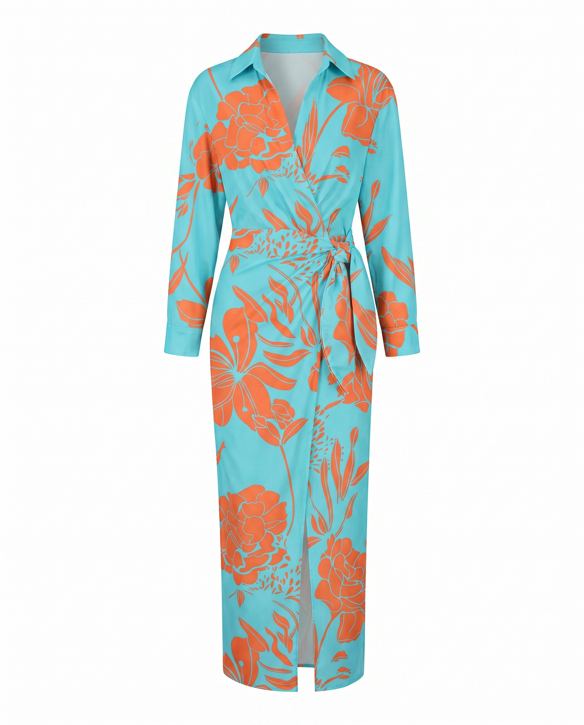 Women's Dress | Leaf Print Maxi Wrap V-Neck
